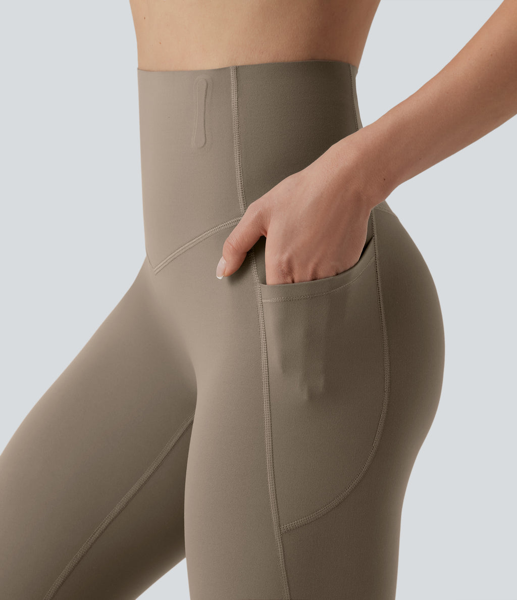High Waisted Anti-Roll Tummy Control Shaping Workout Leggings with Pockets — Dawn Brown — view 5