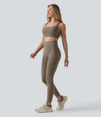 High Waisted Anti-Roll Tummy Control Shaping Workout Leggings with Pockets — Dawn Brown — view 8
