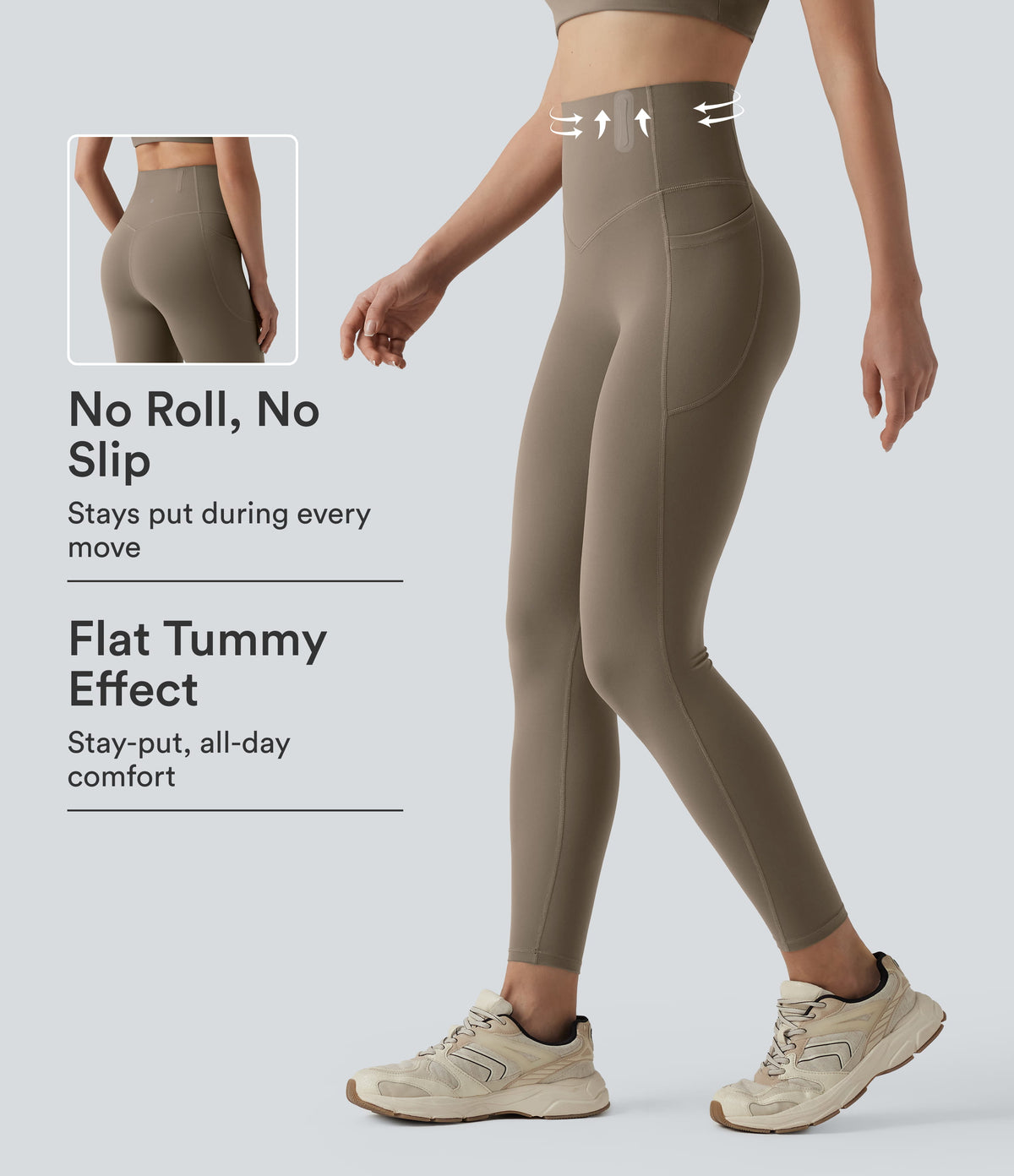 High Waisted Anti-Roll Tummy Control Shaping Workout Leggings with Pockets — Dawn Brown — view 1
