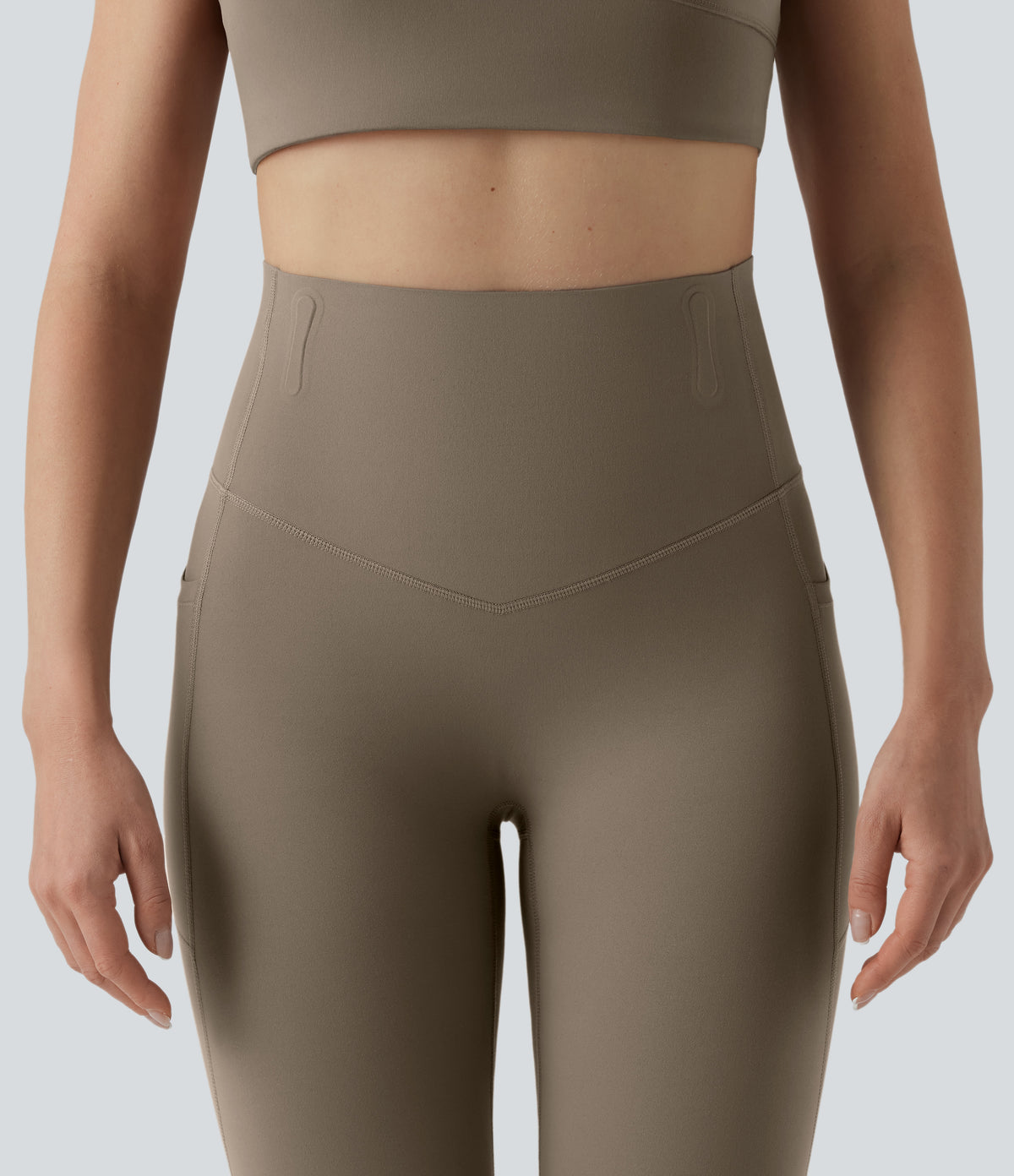 High Waisted Anti-Roll Tummy Control Shaping Workout Leggings with Pockets — Dawn Brown — view 6