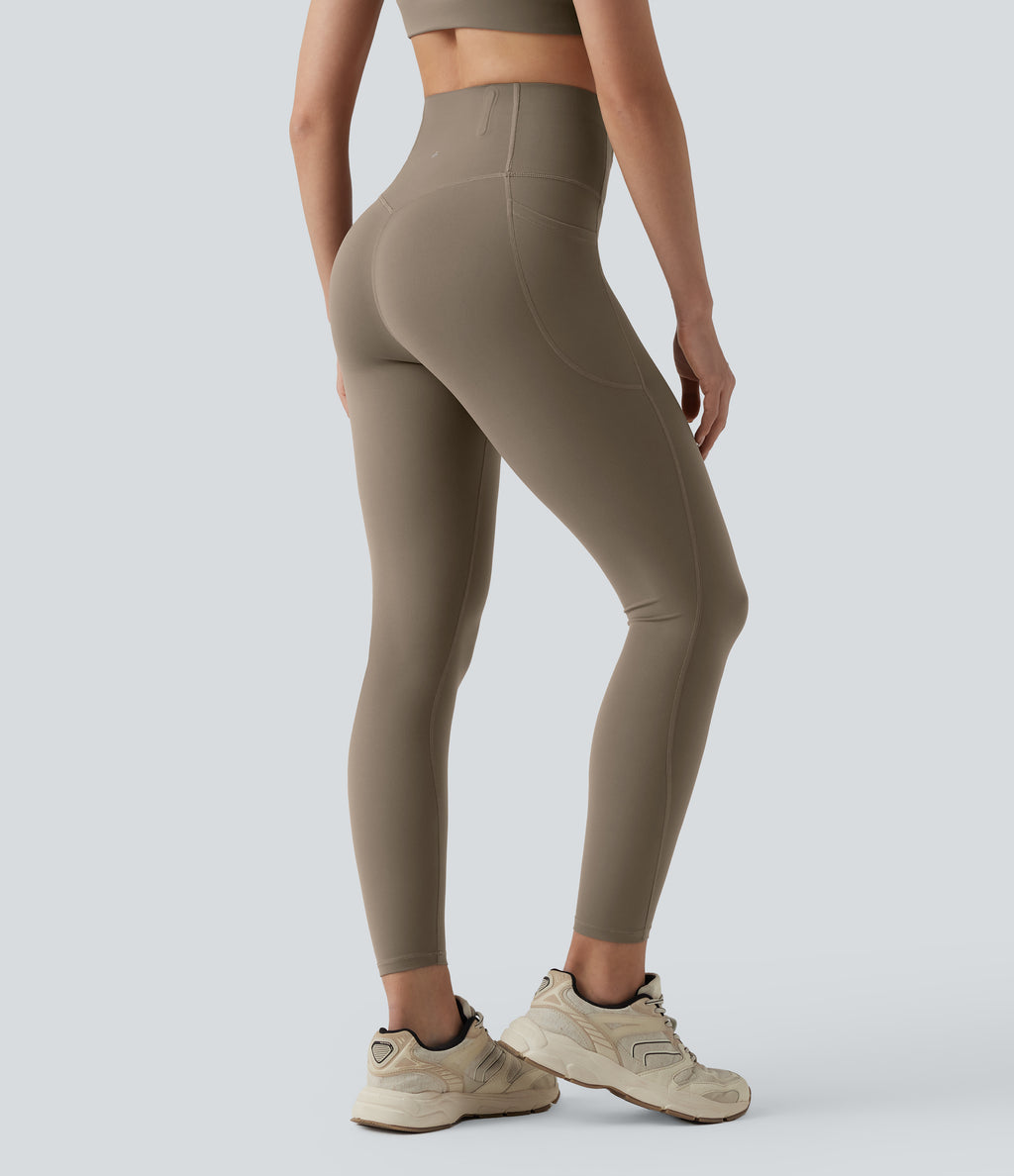 High Waisted Anti-Roll Tummy Control Shaping Workout Leggings with Pockets — Dawn Brown — view 3