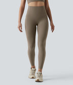 High Waisted Anti-Roll Tummy Control Shaping Workout Leggings with Pockets — Dawn Brown — view 4