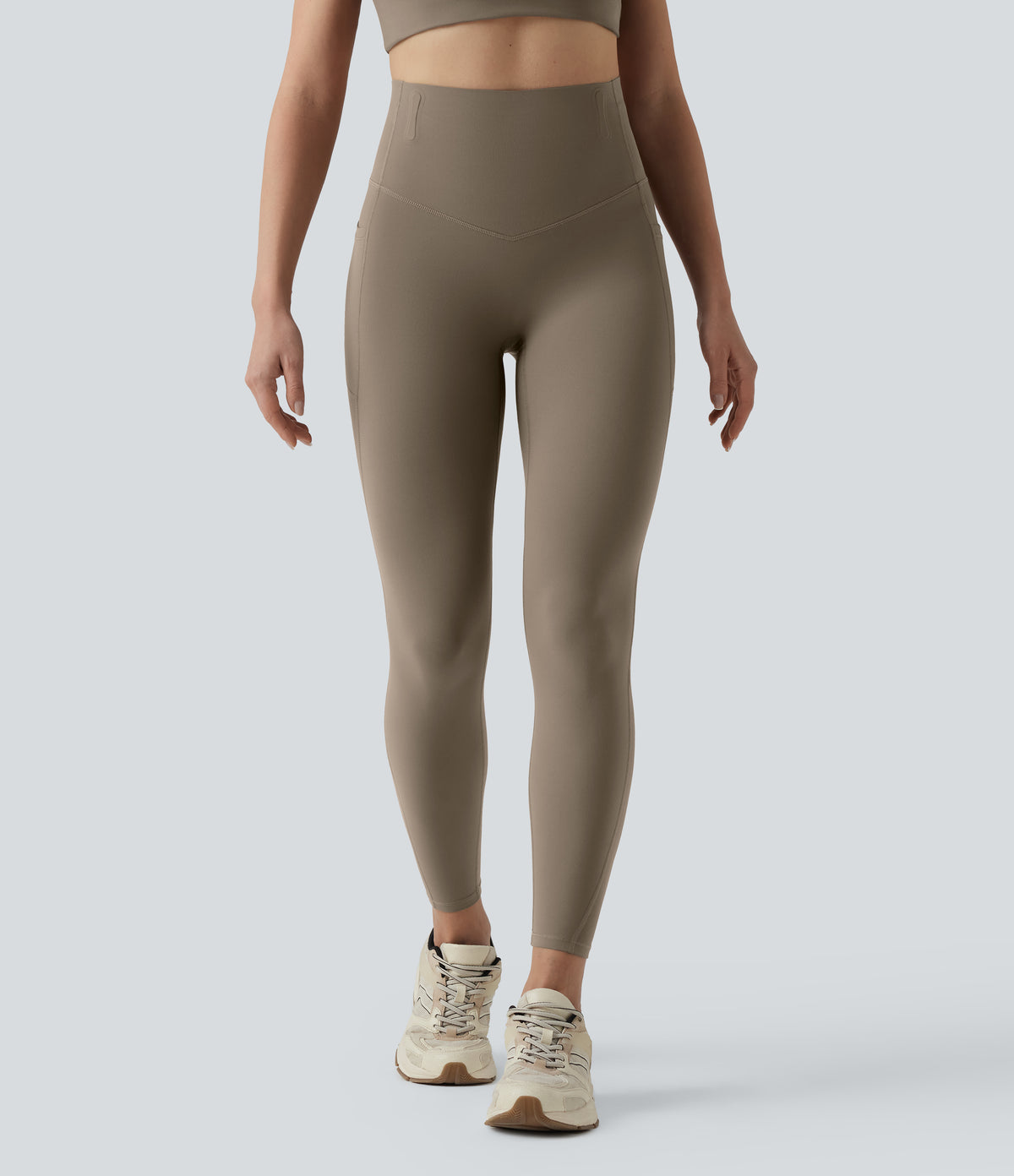 High Waisted Anti-Roll Tummy Control Shaping Workout Leggings with Pockets — Dawn Brown — view 4