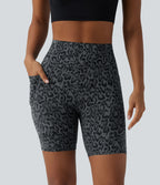 Leopard Print High Waisted Scrunch Butt Lifting Tummy Control Training Biker Shorts 7'' with Pockets — Shadow Leopard — view 5