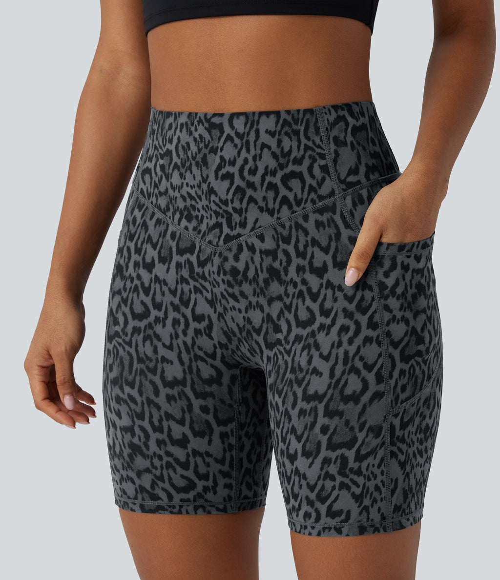 Leopard Print High Waisted Scrunch Butt Lifting Tummy Control Training Biker Shorts 7'' with Pockets — Shadow Leopard — view 7