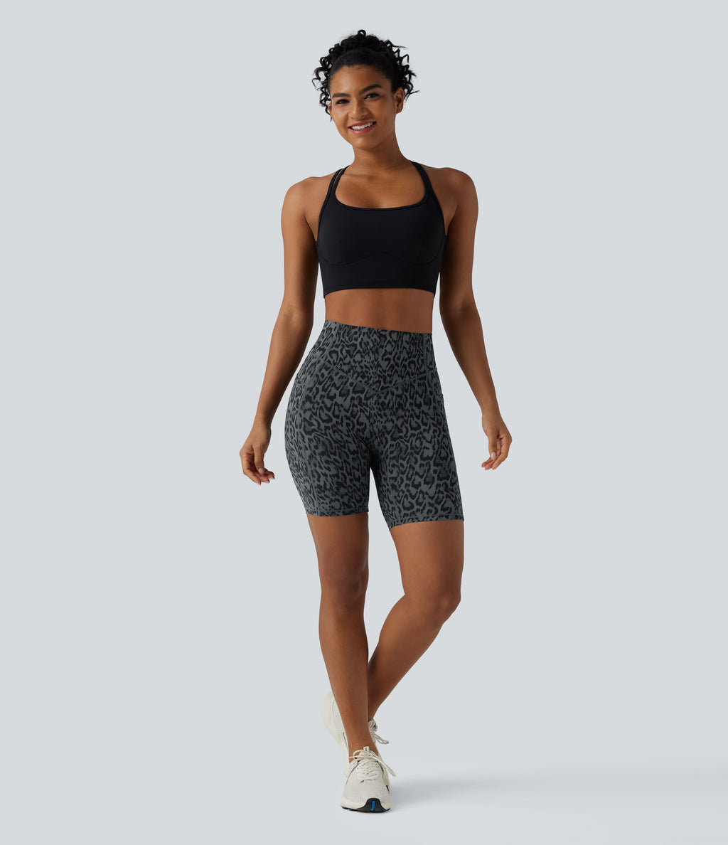 Leopard Print High Waisted Scrunch Butt Lifting Tummy Control Training Biker Shorts 7'' with Pockets — Shadow Leopard — view 8