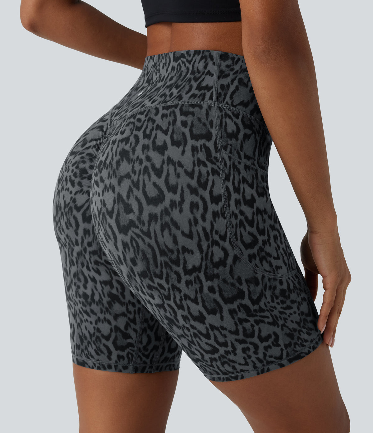 Leopard Print High Waisted Scrunch Butt Lifting Tummy Control Training Biker Shorts 7'' with Pockets — Shadow Leopard — view 6