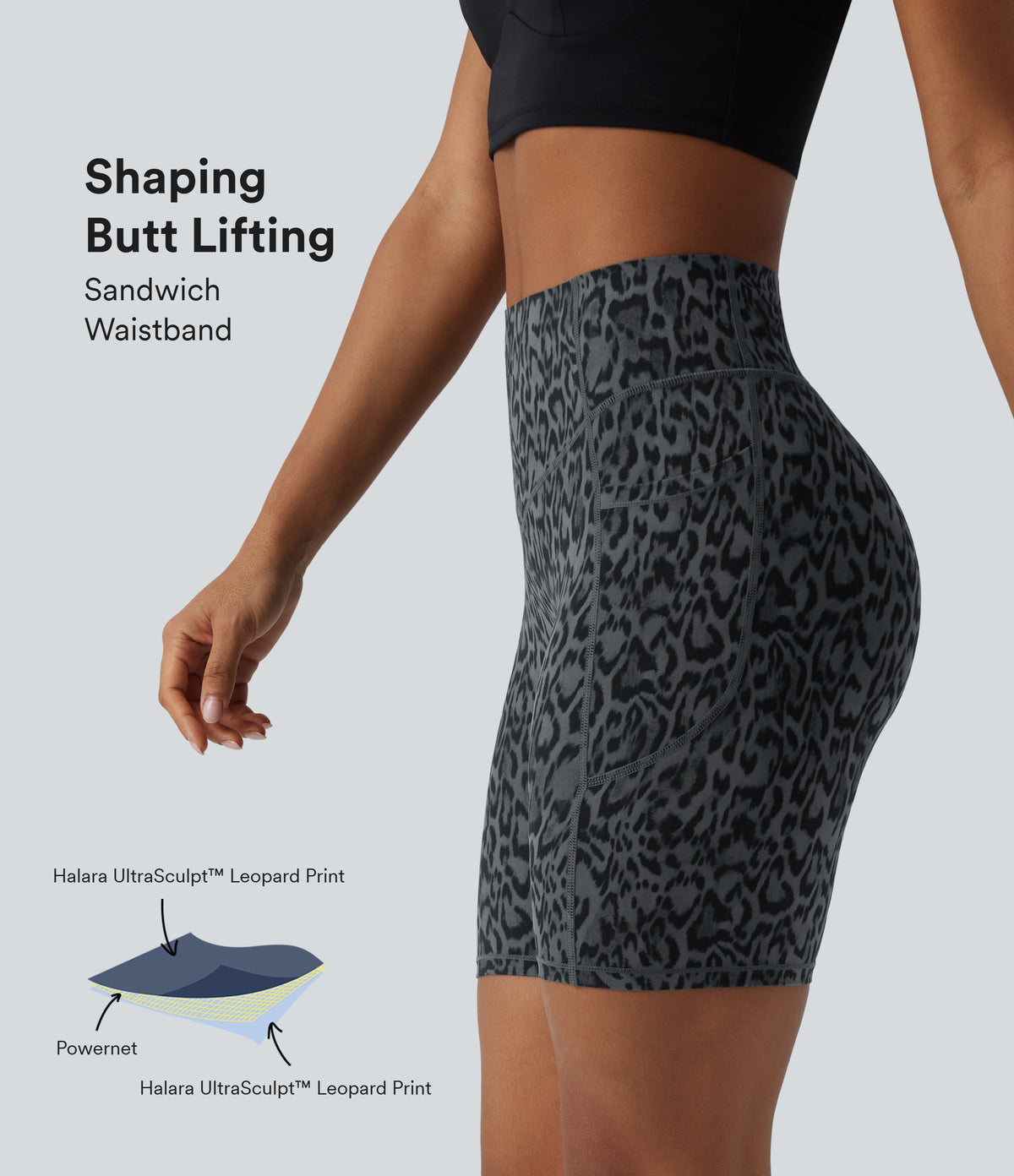 Leopard Print High Waisted Scrunch Butt Lifting Tummy Control Training Biker Shorts 7'' with Pockets — Shadow Leopard — view 1