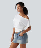 One Shoulder Short Sleeve Ruched Casual Top — White — view 4