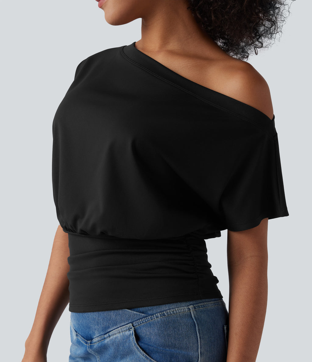 One Shoulder Short Sleeve Ruched Casual Top — Black — view 6