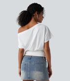 One Shoulder Short Sleeve Ruched Casual Top — White — view 3