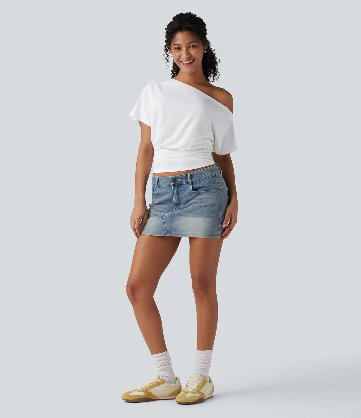 One Shoulder Short Sleeve Ruched Casual Top — White — view 5