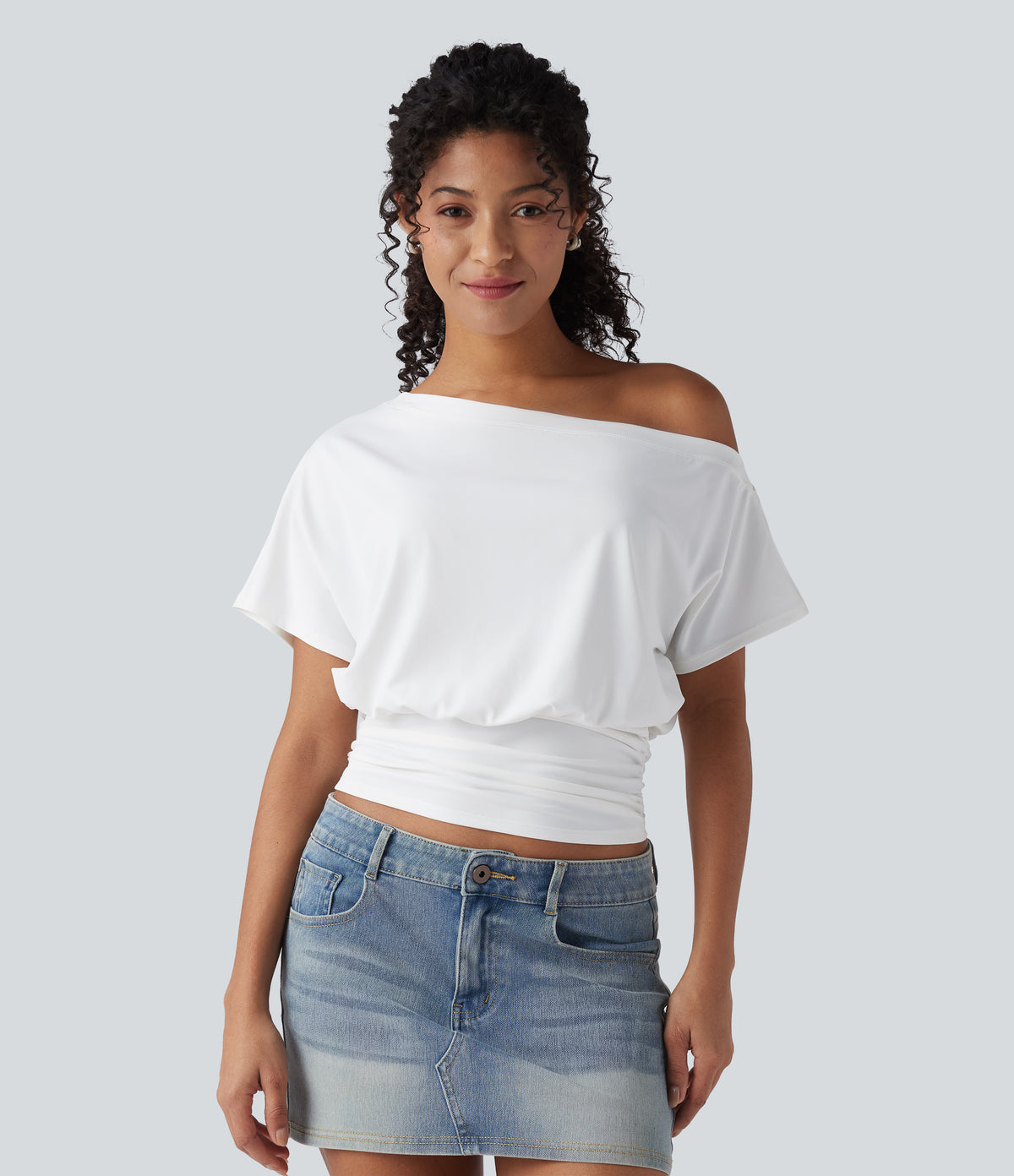 One Shoulder Short Sleeve Ruched Casual Top — White — view 2