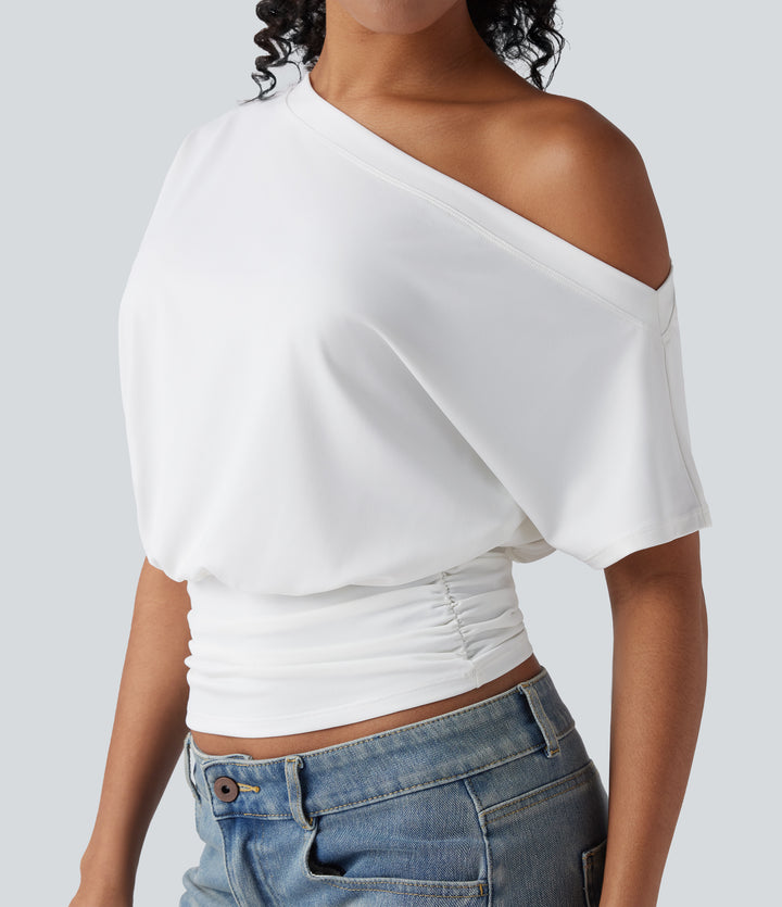 One Shoulder Short Sleeve Ruched Casual Top — White — view 1