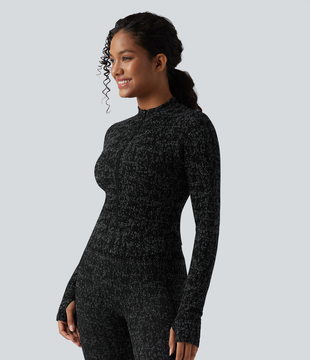 OneForm Seamless Flow Zipper Long Sleeve Thumb Hole Yoga Jacket — Black — view 3