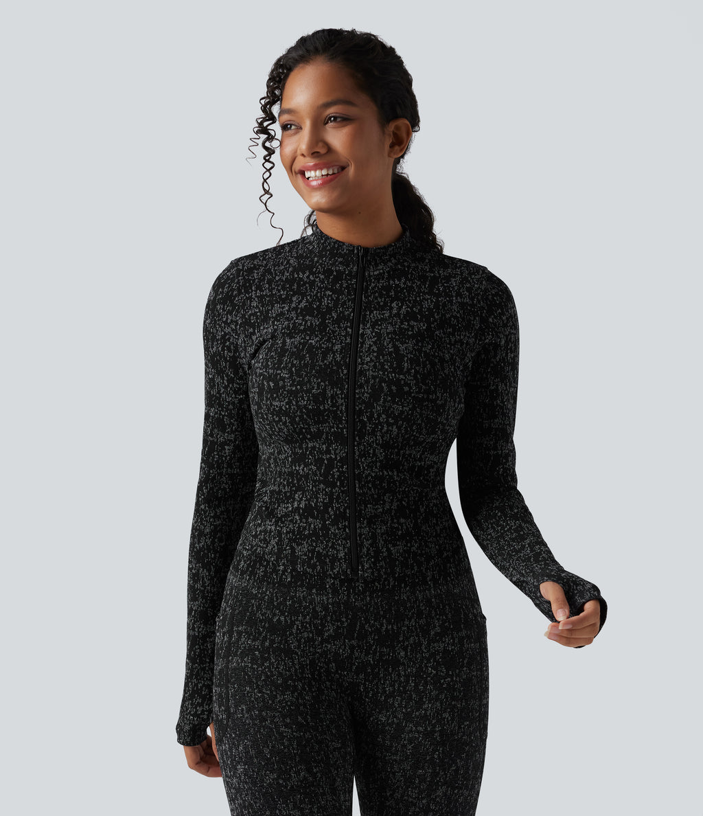 OneForm Seamless Flow Zipper Long Sleeve Thumb Hole Yoga Jacket — Black — view 1