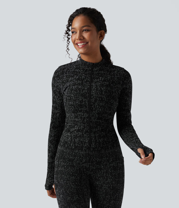 OneForm Seamless Flow Zipper Long Sleeve Thumb Hole Yoga Jacket — Black — view 1