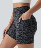 Leopard Print High Waisted Tummy Control Training Biker Shorts 5'' with Pockets — Shadow Leopard — view 5