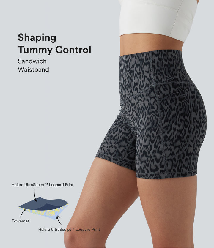 Leopard Print High Waisted Tummy Control Training Biker Shorts 5'' with Pockets — Shadow Leopard — view 1