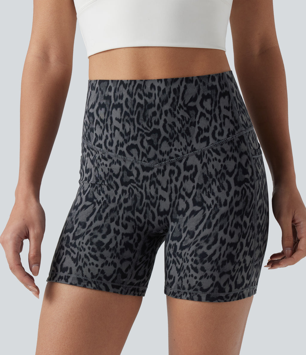 Leopard Print High Waisted Tummy Control Training Biker Shorts 5'' with Pockets — Shadow Leopard — view 7