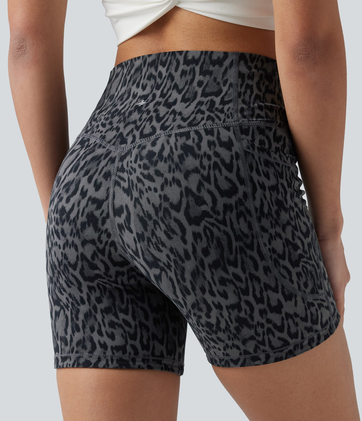 Leopard Print High Waisted Tummy Control Training Biker Shorts 5'' with Pockets — Shadow Leopard — view 6