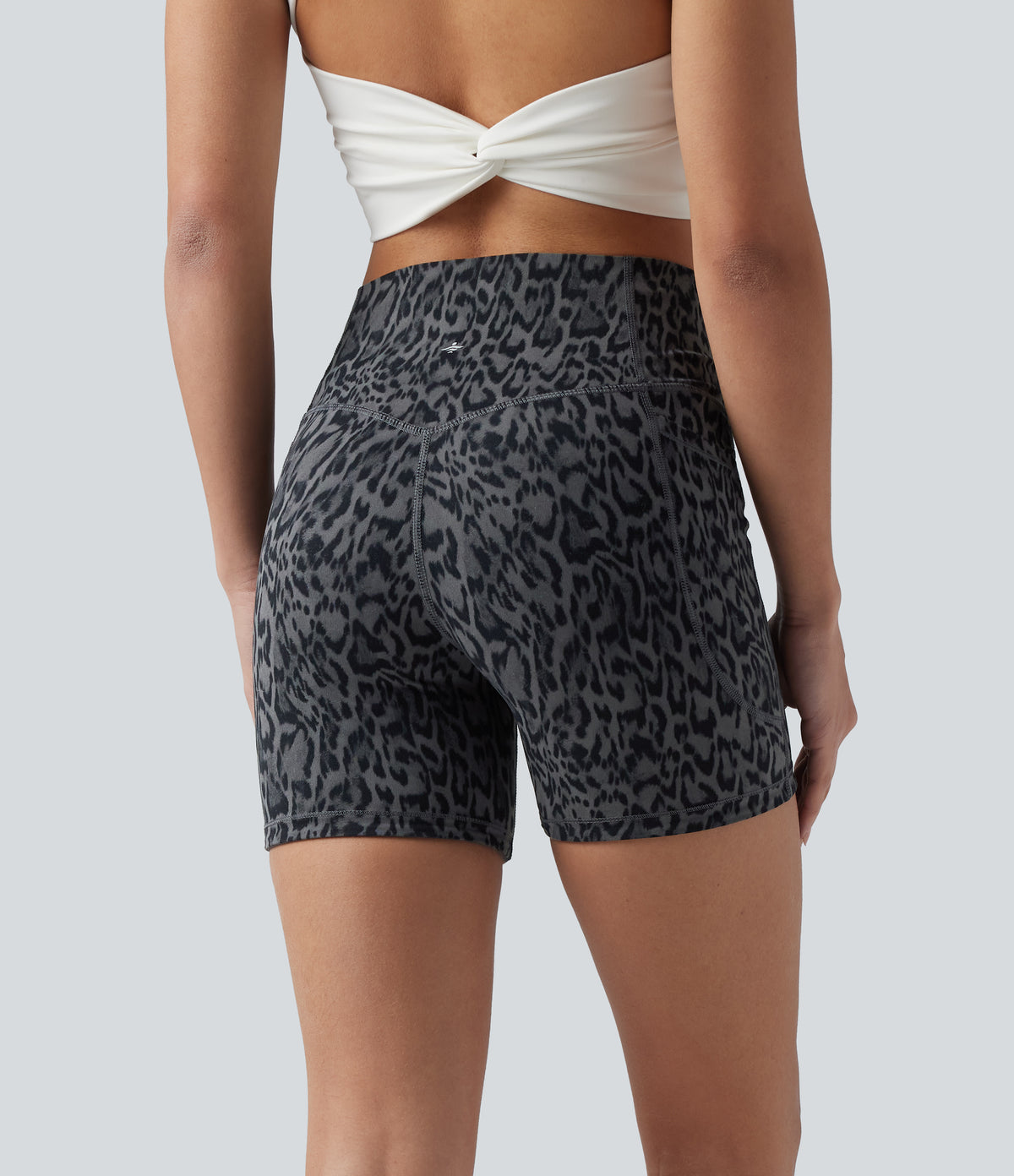 Leopard Print High Waisted Tummy Control Training Biker Shorts 5'' with Pockets — Shadow Leopard — view 3
