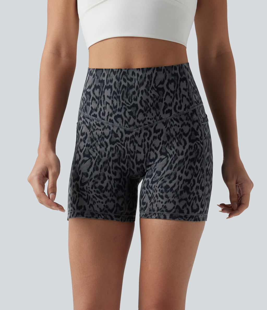 Leopard Print High Waisted Tummy Control Training Biker Shorts 5'' with Pockets — Shadow Leopard — view 4