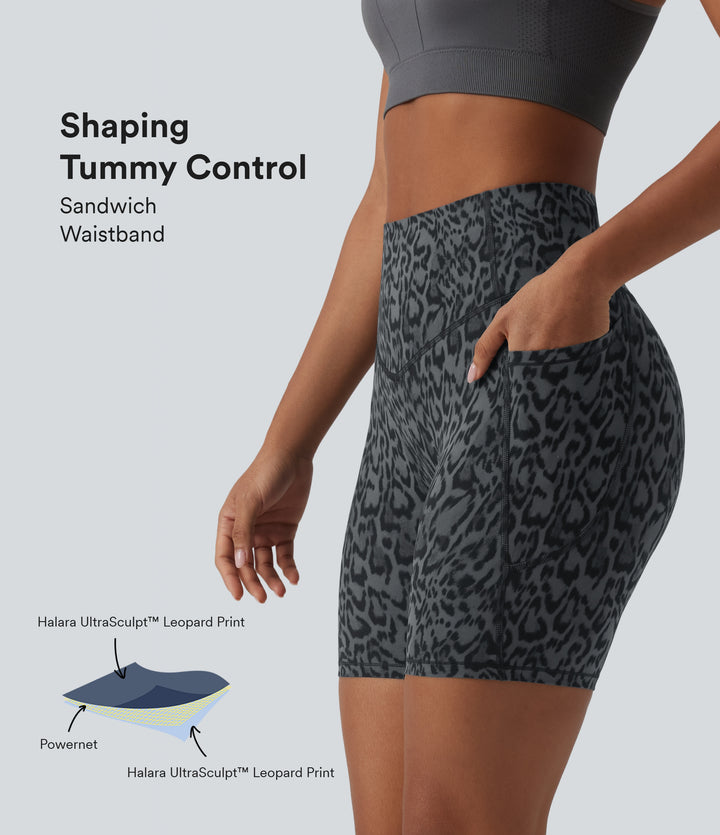 Leopard Print High Waisted Tummy Control Training Biker Shorts 7'' with Pockets — Shadow Leopard — view 1
