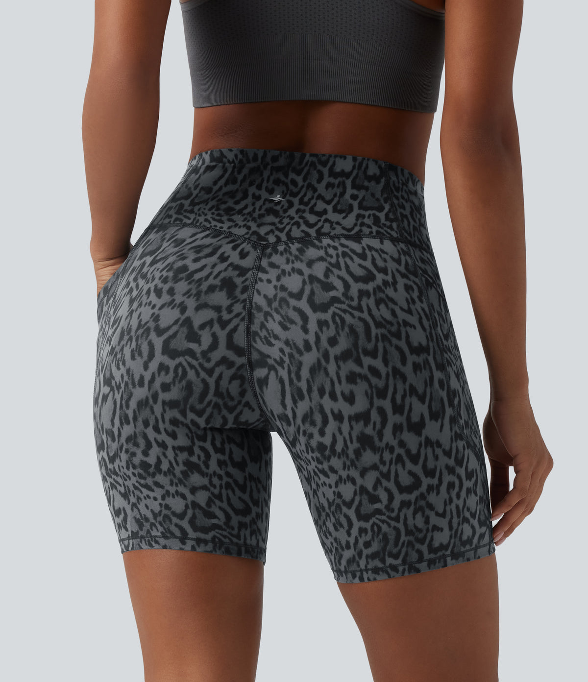 Leopard Print High Waisted Tummy Control Training Biker Shorts 7'' with Pockets — Shadow Leopard — view 3
