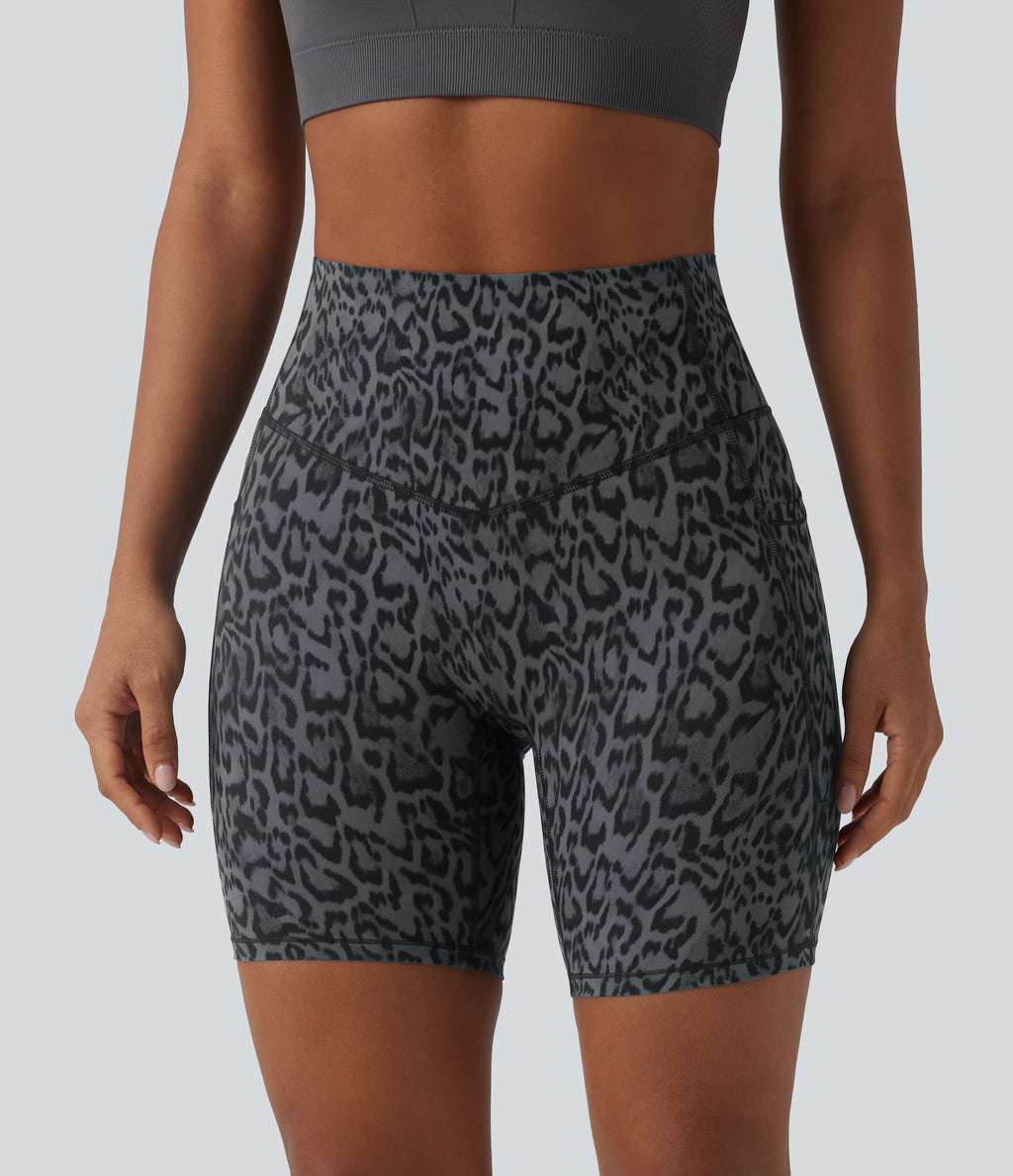 Leopard Print High Waisted Tummy Control Training Biker Shorts 7'' with Pockets — Shadow Leopard — view 4