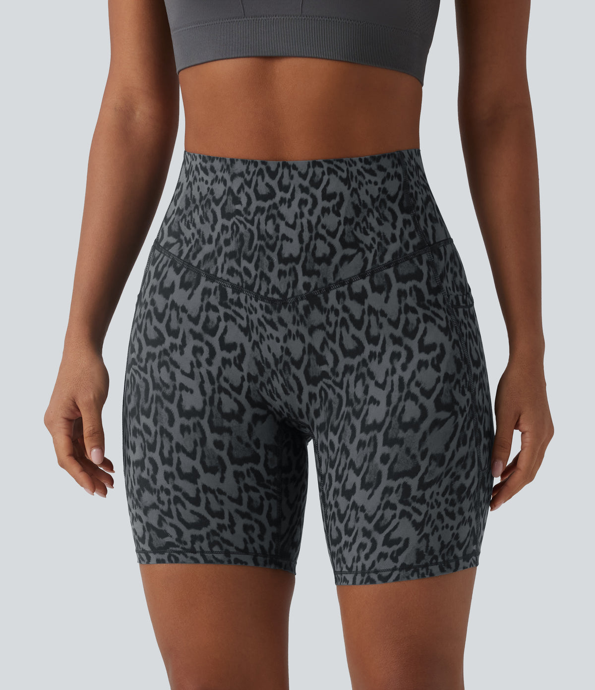Leopard Print High Waisted Tummy Control Training Biker Shorts 7'' with Pockets — Shadow Leopard — view 4