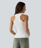 Ribbed Knit U Neck Racerback Casual Tank Top — White — view 1