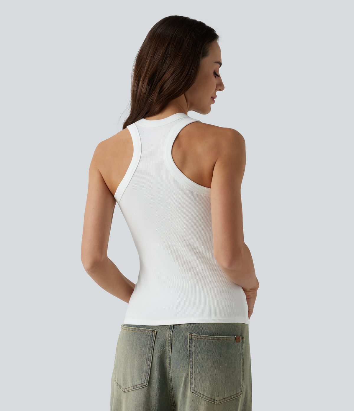 Ribbed Knit U Neck Racerback Casual Tank Top — White — view 1