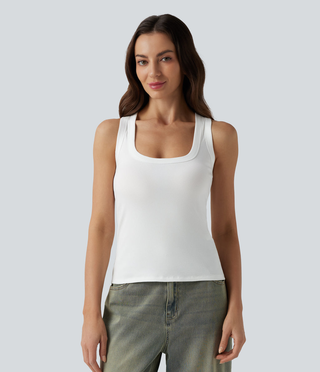 Ribbed Knit U Neck Racerback Casual Tank Top — White — view 5