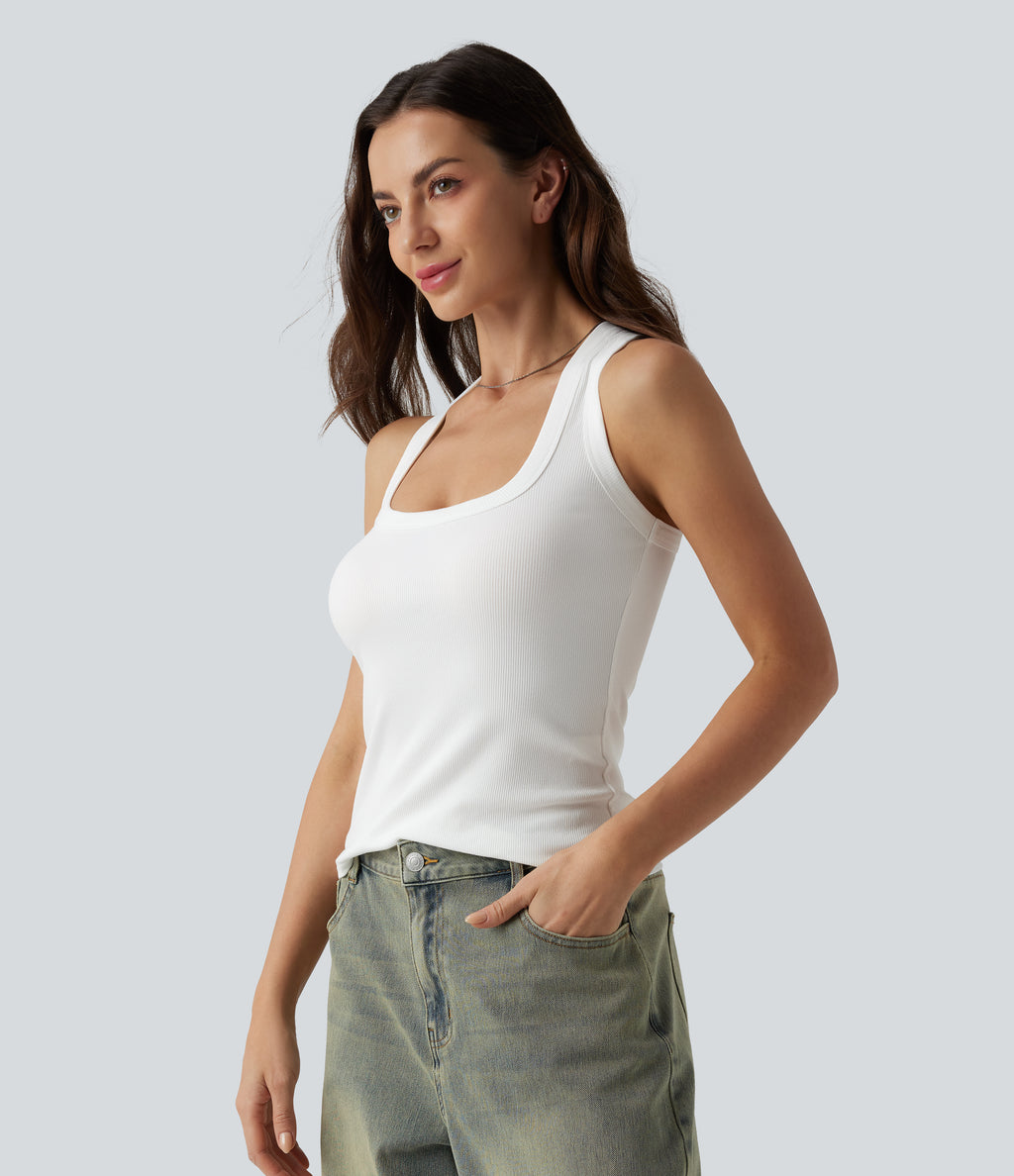 Ribbed Knit U Neck Racerback Casual Tank Top — White — view 3