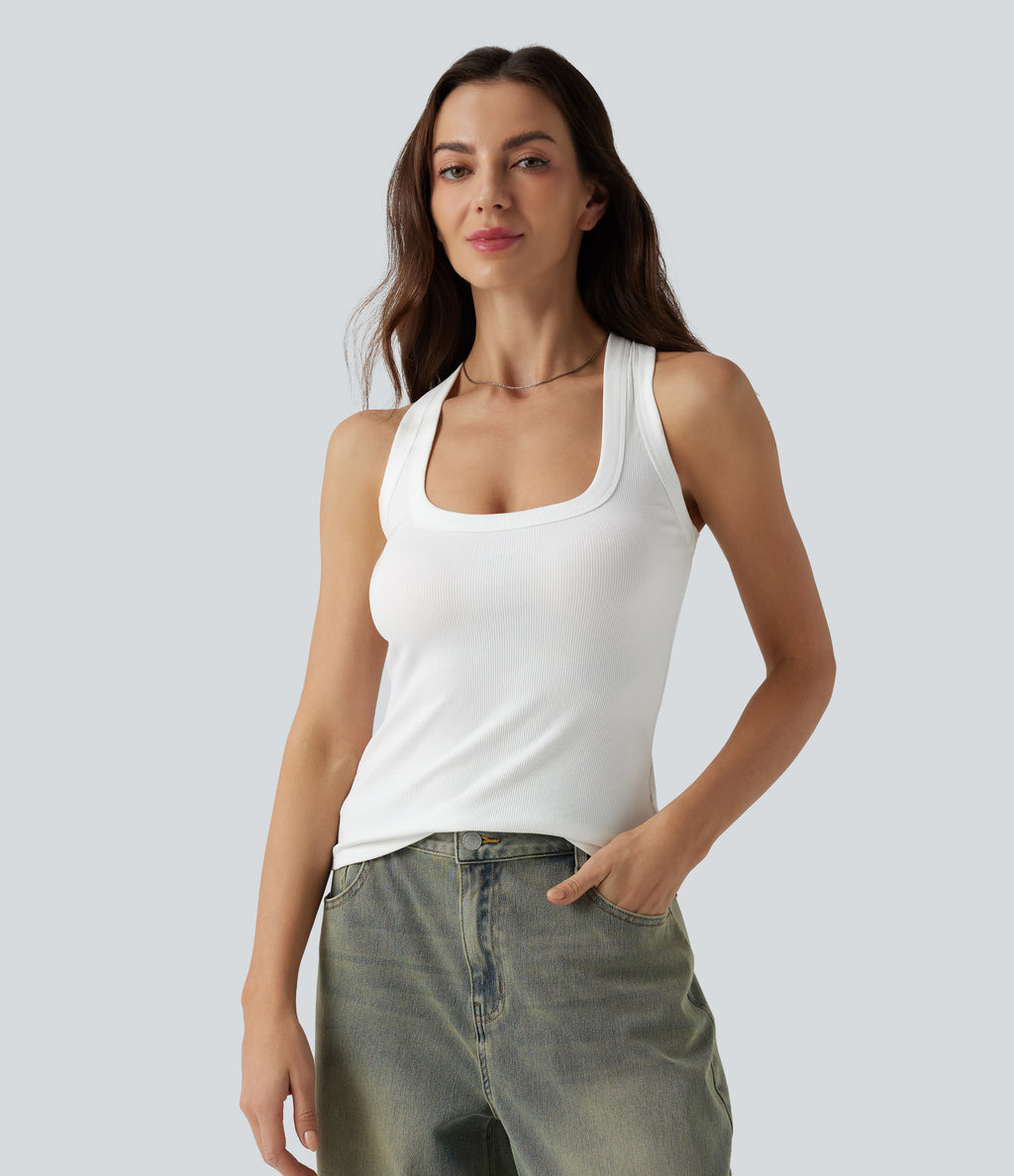 Ribbed Knit U Neck Racerback Casual Tank Top — White — view 2