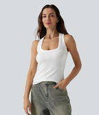Ribbed Knit U Neck Racerback Casual Tank Top — White — view 2