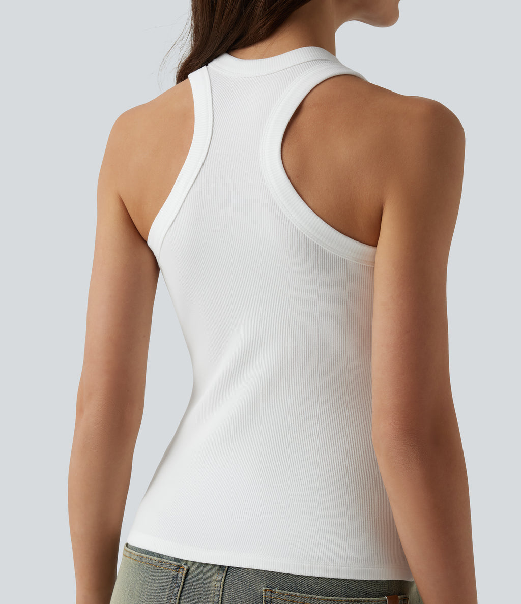 Ribbed Knit U Neck Racerback Casual Tank Top — White — view 4