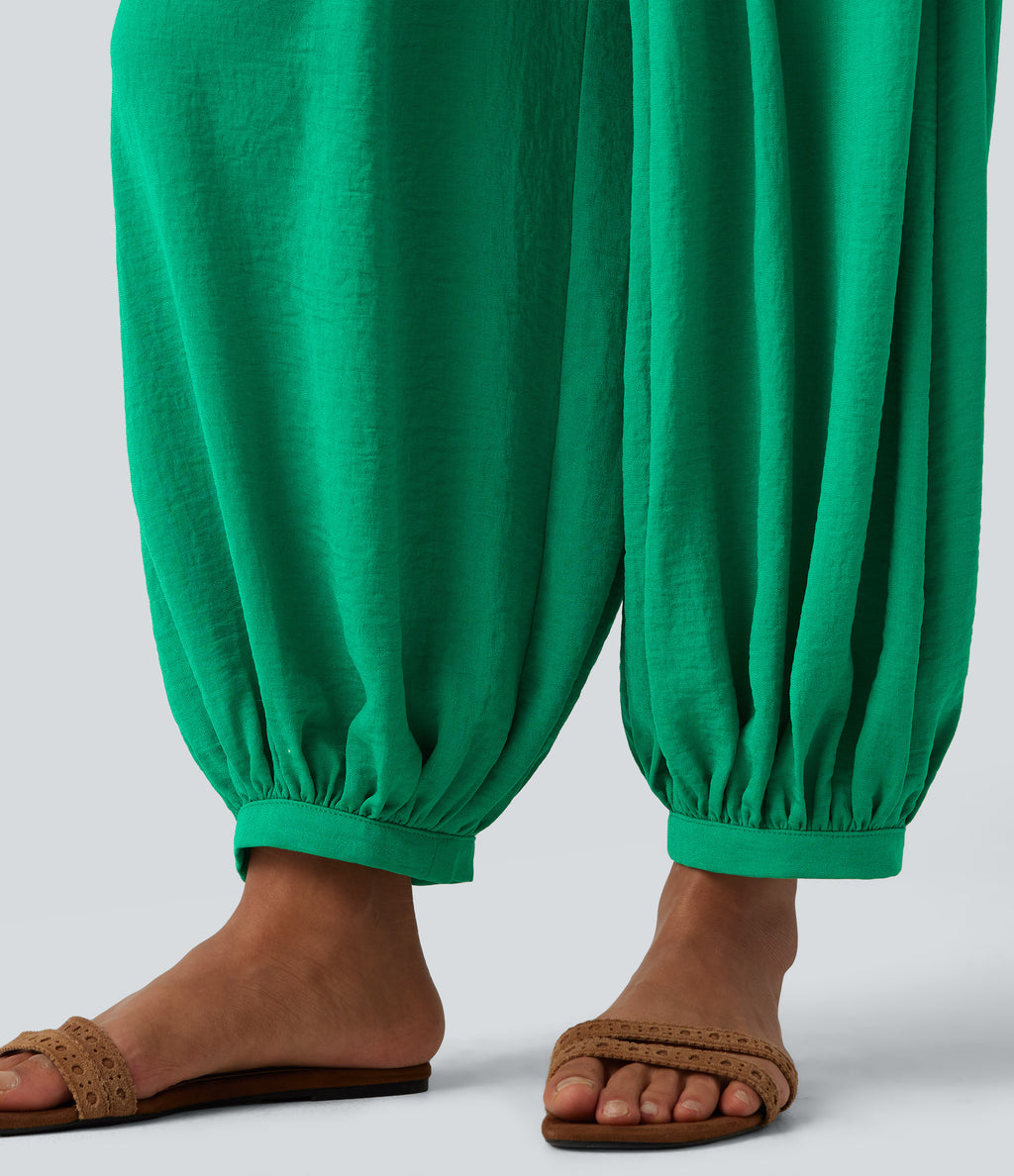 High Waisted Drawstring Linen-Feel Resort Flowy Balloon Trousers with Pockets — Blarney — view 6