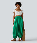 High Waisted Drawstring Linen-Feel Resort Flowy Balloon Trousers with Pockets — Blarney — view 7