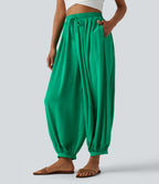 High Waisted Drawstring Linen-Feel Resort Flowy Balloon Trousers with Pockets — Blarney — view 4