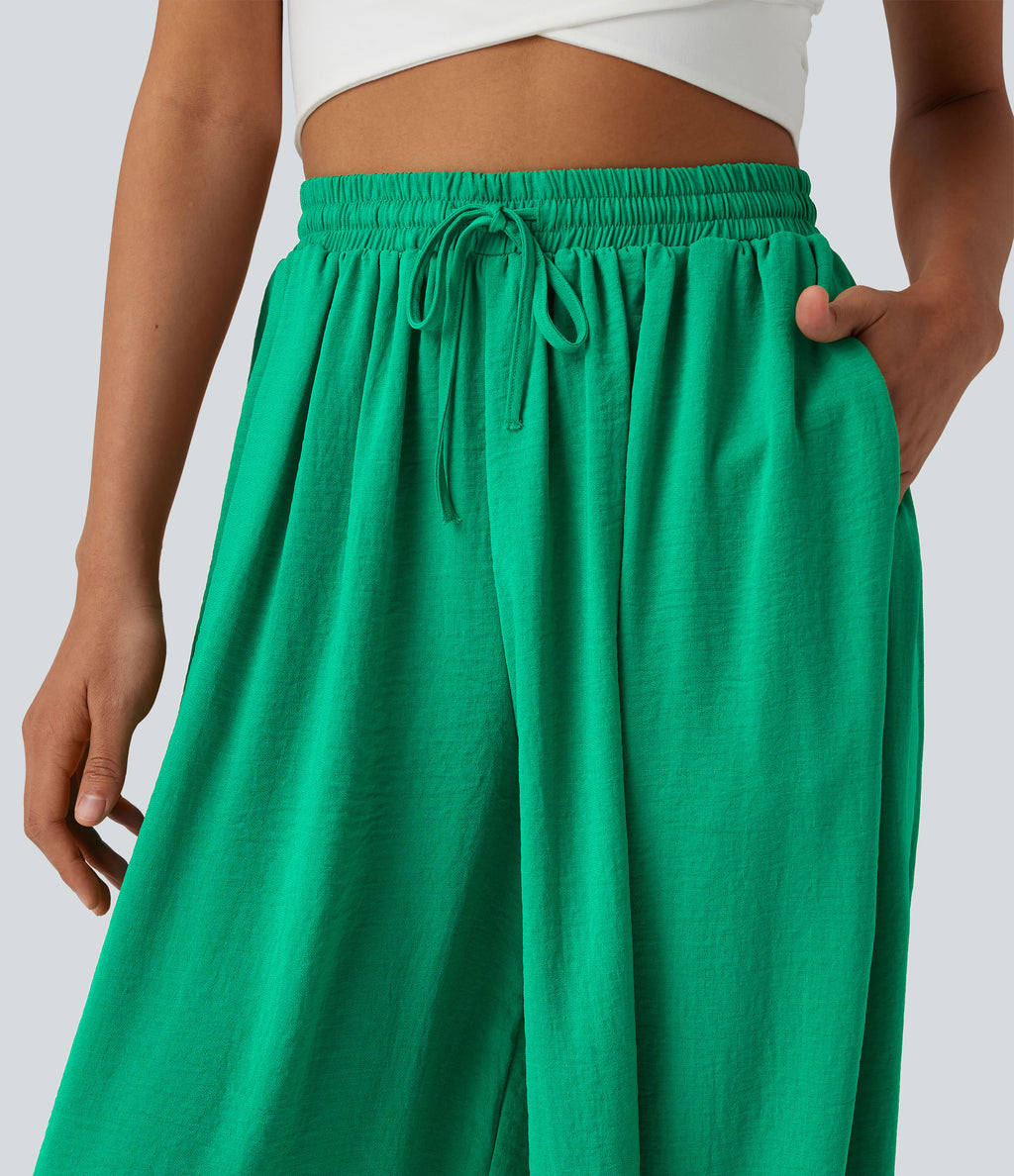 High Waisted Drawstring Linen-Feel Resort Flowy Balloon Trousers with Pockets — Blarney — view 5