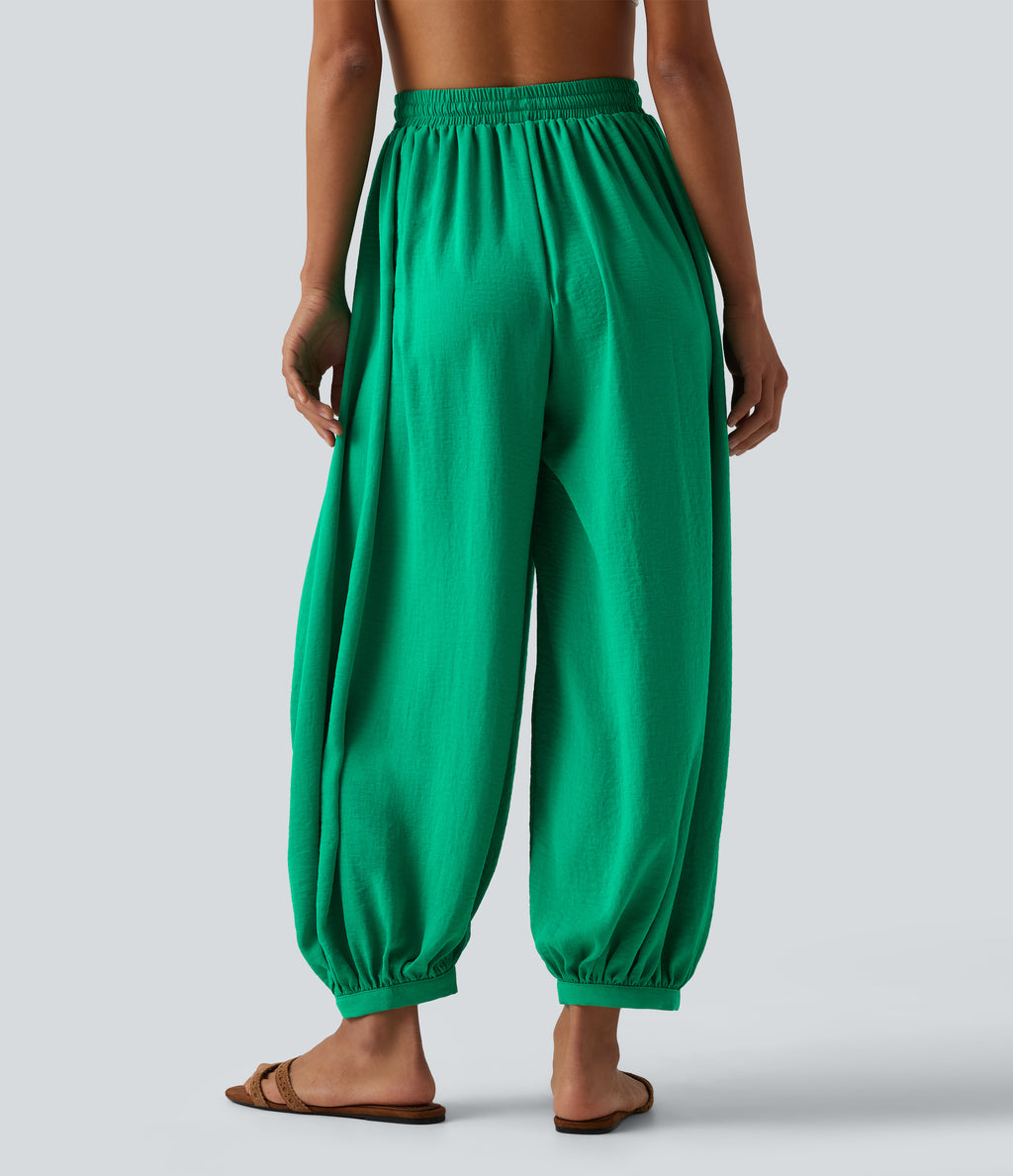 High Waisted Drawstring Linen-Feel Resort Flowy Balloon Trousers with Pockets — Blarney — view 2