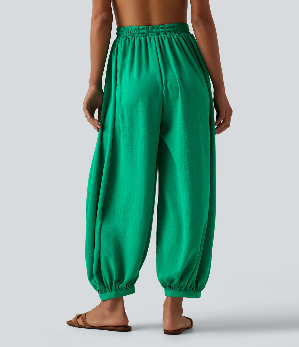 High Waisted Drawstring Linen-Feel Resort Flowy Balloon Trousers with Pockets — Blarney — view 2