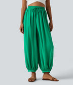 High Waisted Drawstring Linen-Feel Resort Flowy Balloon Trousers with Pockets — Blarney — view 3