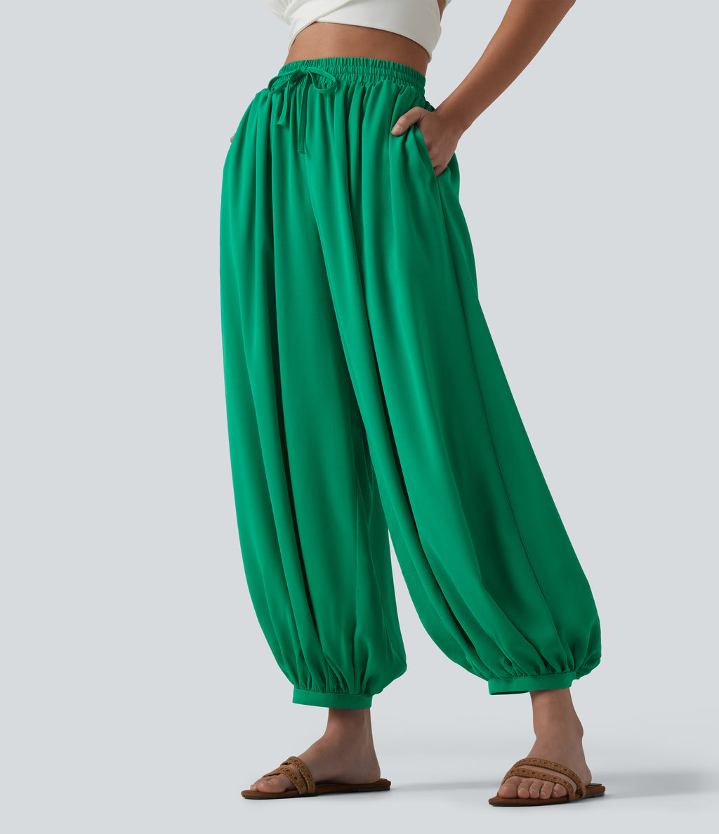 High Waisted Drawstring Linen-Feel Resort Flowy Balloon Trousers with Pockets — Blarney — view 1