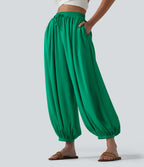 High Waisted Drawstring Linen-Feel Resort Flowy Balloon Trousers with Pockets — Blarney — view 1