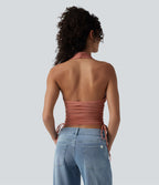 Deep V Neck Backless Ruched Drawstring Casual Halter Top — Terra Cotta Pink — view 2