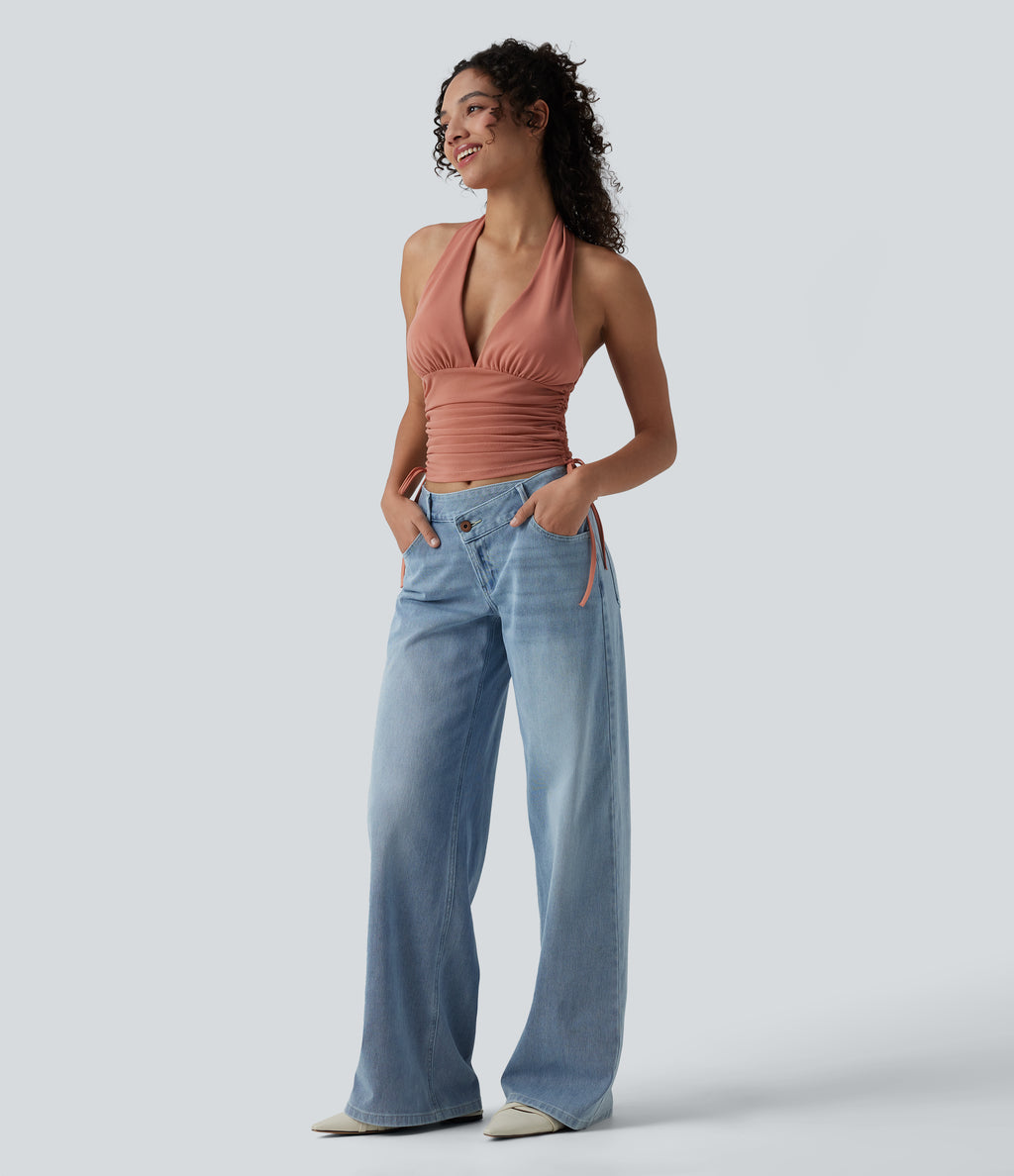 Deep V Neck Backless Ruched Drawstring Casual Halter Top — Terra Cotta Pink — view 6