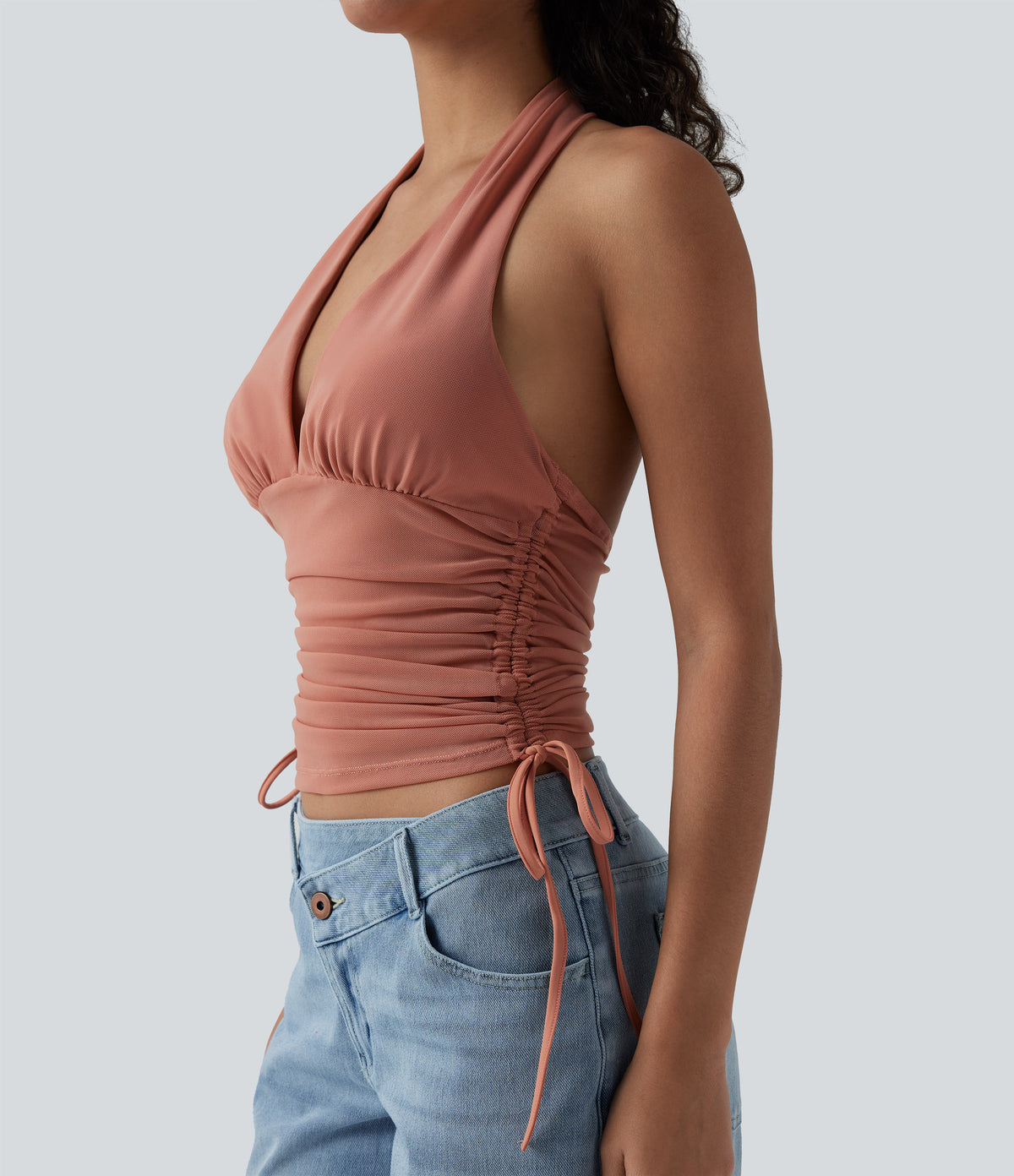 Deep V Neck Backless Ruched Drawstring Casual Halter Top — Terra Cotta Pink — view 4